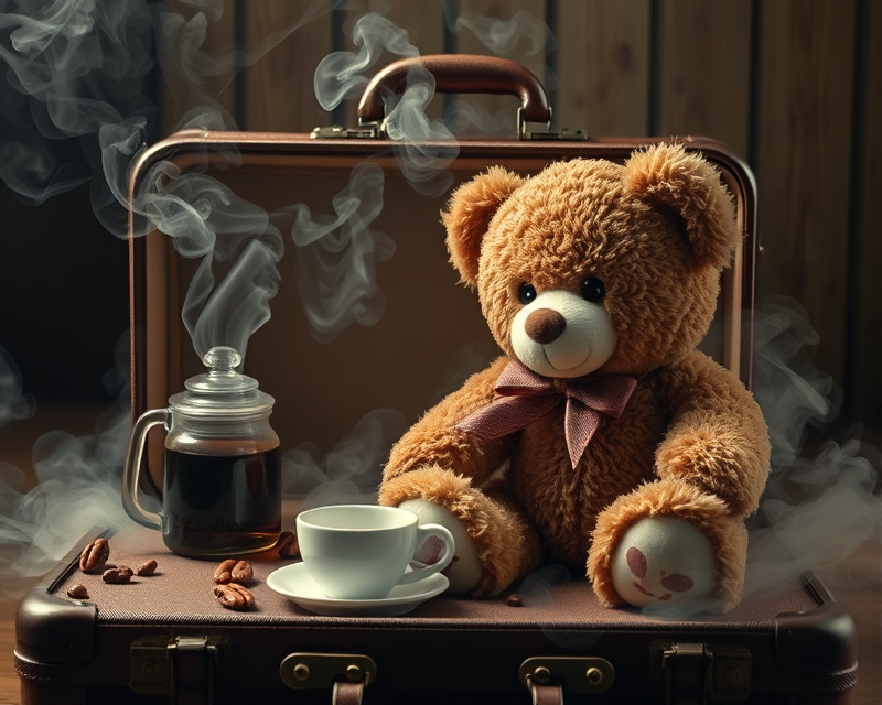 suitcase, teddy bear, smoke, coffee, pecan